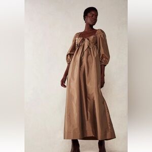 Free People Hansen & Gretel Ainsley Maxi Dress Bow Tie Smocked Pockets Gold